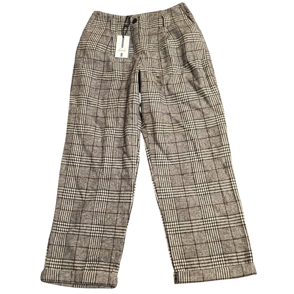Komodo Aiken Trousers Womens Size 2 Grey Plaid Recycled Wool Wide Leg Cuffed